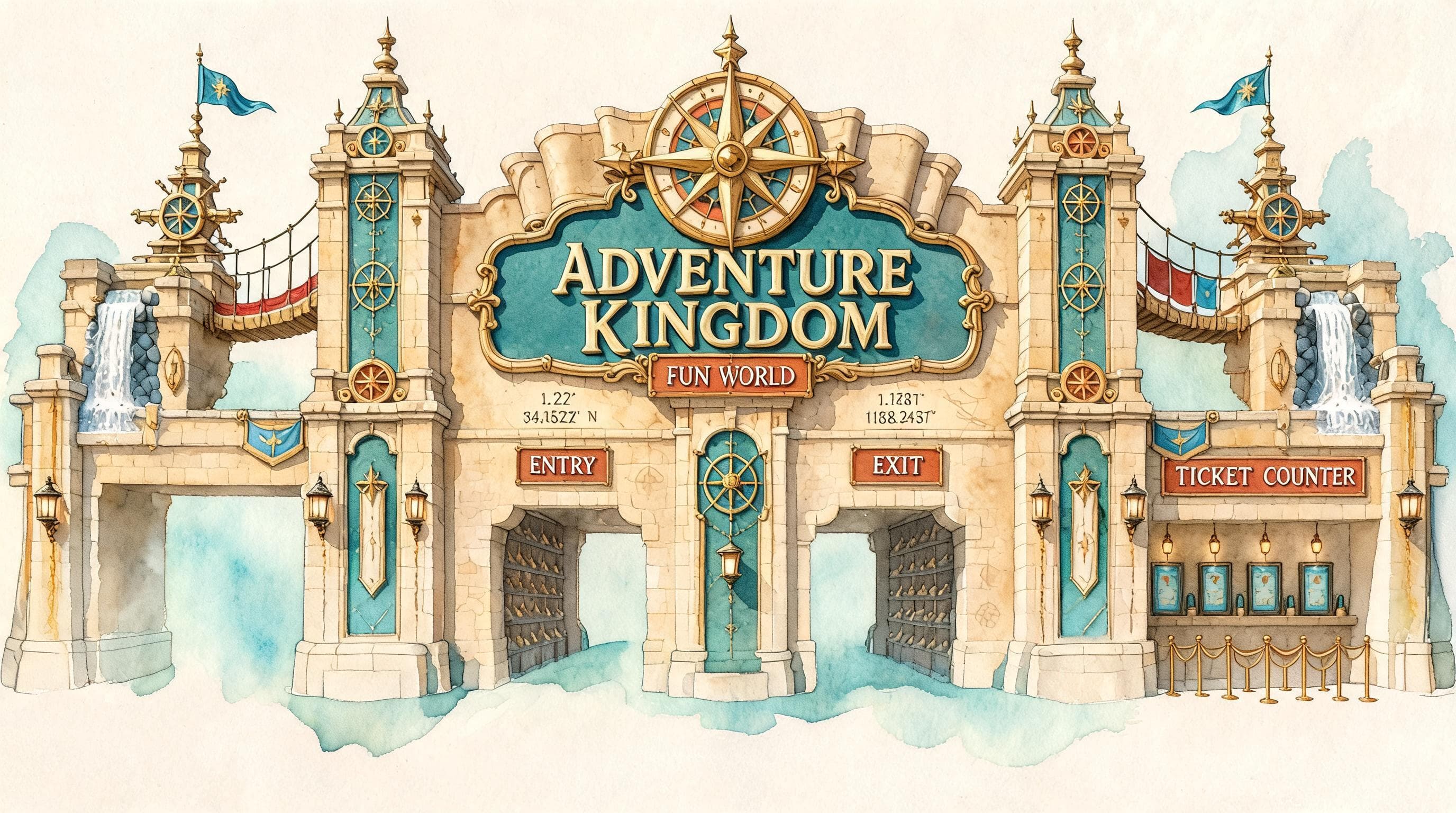 Concept art of the entry arch of the Fun World Theme Park named Adventure Kingdom