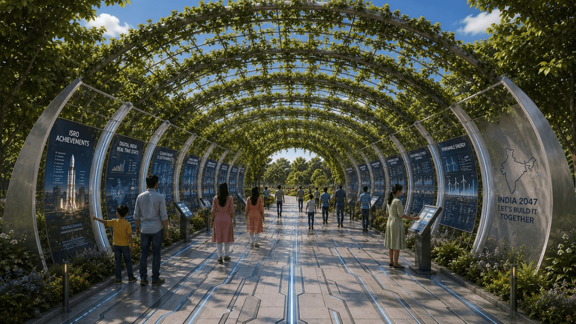 A pathaway designed with arched shade on top and images on the side showing infrastructural and science development in India
